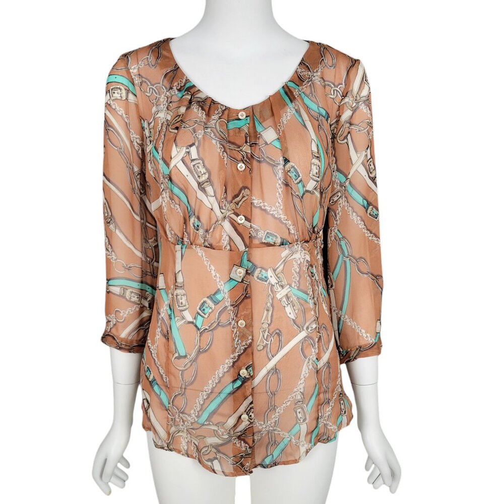 ROBERT FRIEDMAN Women Blouse Size S Brown Silk Chain Belt Print Sheer 3/4 Sleeve